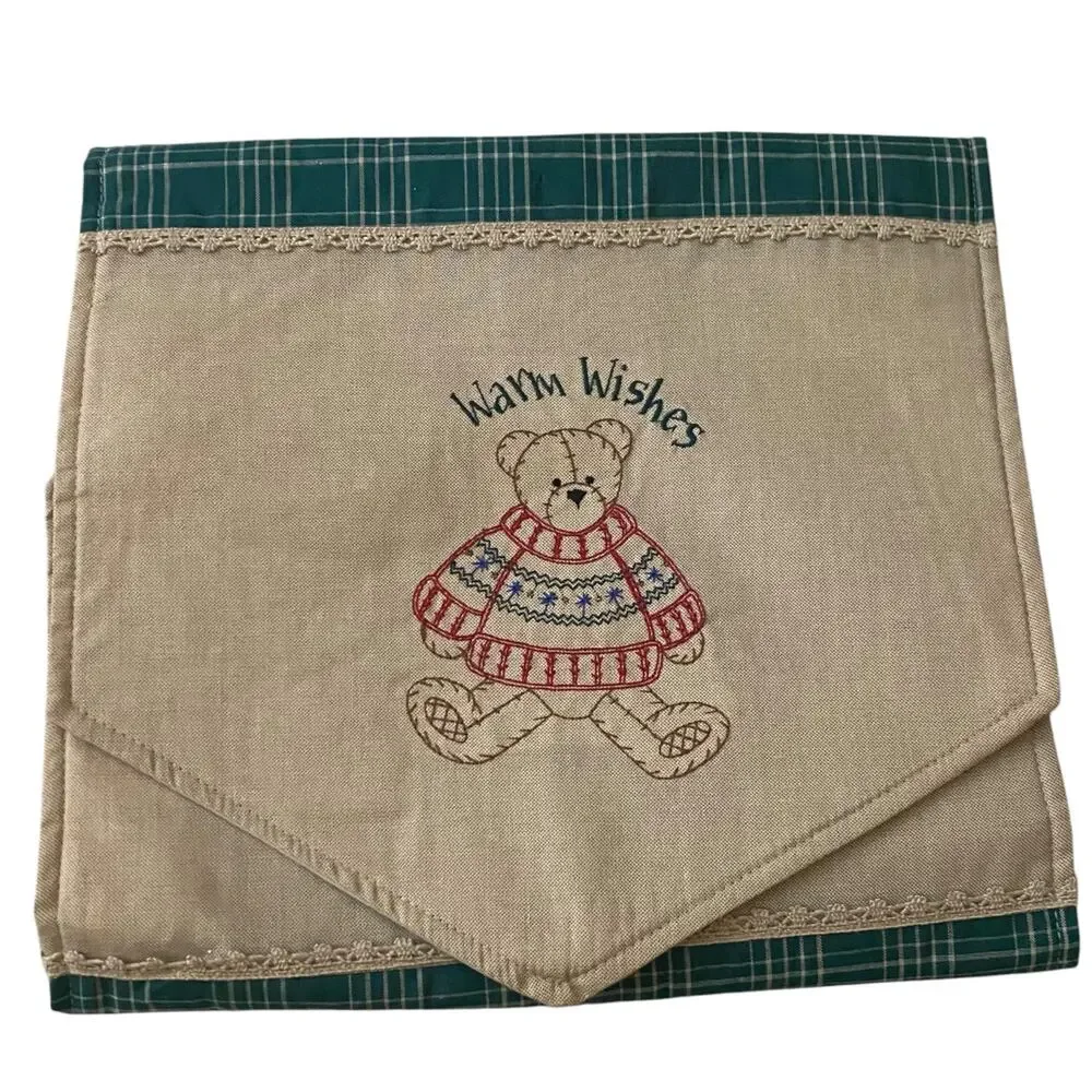 Vintage table runner for side table that reads “Warm Wishes” w teddy bear design